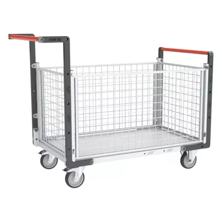 Chariots modulaires grillagé 2 dossiers + 2 ridelles avec plateau bois 250 kg