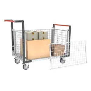 Chariots modulaires grillagé 2 dossiers + 2 ridelles avec plateau bois 250 kg