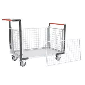 Chariots modulaires grillagé 2 dossiers + 2 ridelles avec plateau bois 250 kg
