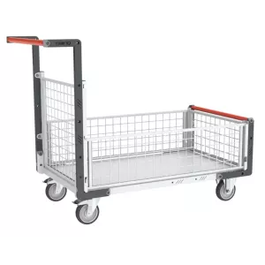 Chariot modulaire grillagé 1 dossier et 3 demi-ridelles avec plateau bois 250 kg
