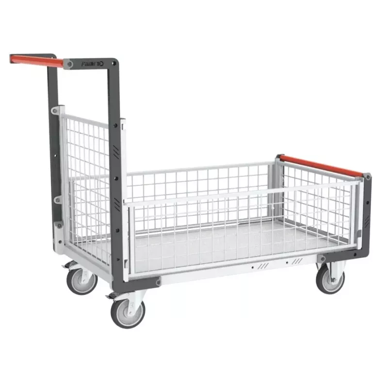Chariot modulaire grillagé 1 dossier et 3 demi-ridelles avec plateau bois 250 kg