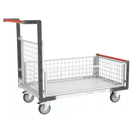 Chariot modulaire grillagé 1 dossier et 3 demi-ridelles avec plateau bois 250 kg