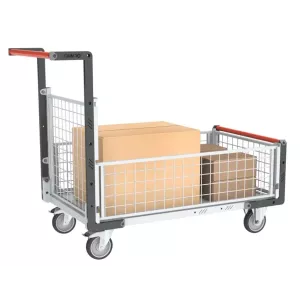 Chariot modulaire grillagé 1 dossier et 3 demi-ridelles avec plateau bois 250 kg