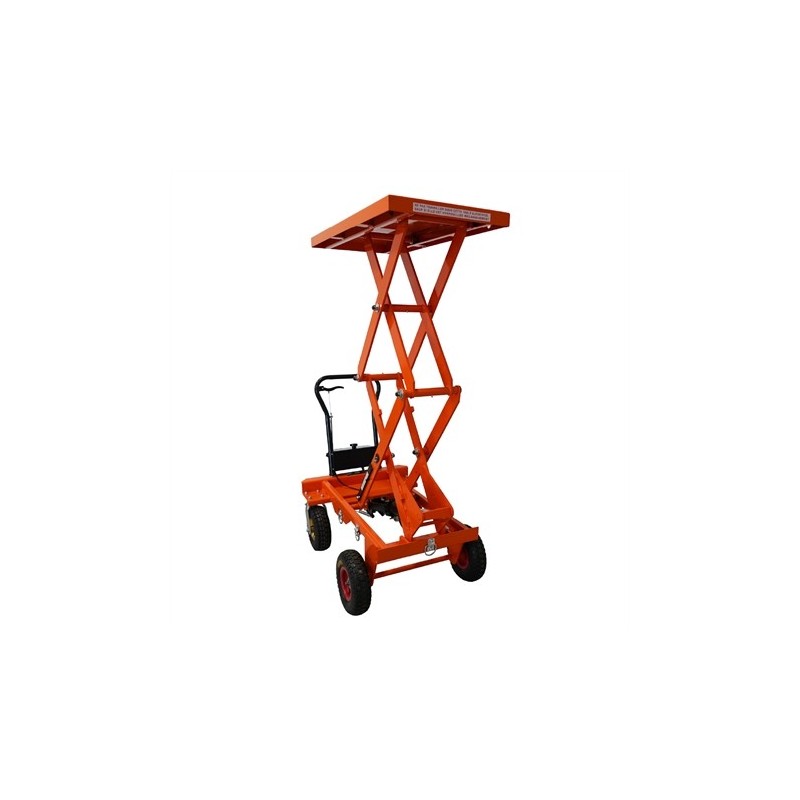 Table élévatrice 300 kg manuelle tout terrain sur roues pneumatiques double ciseaux