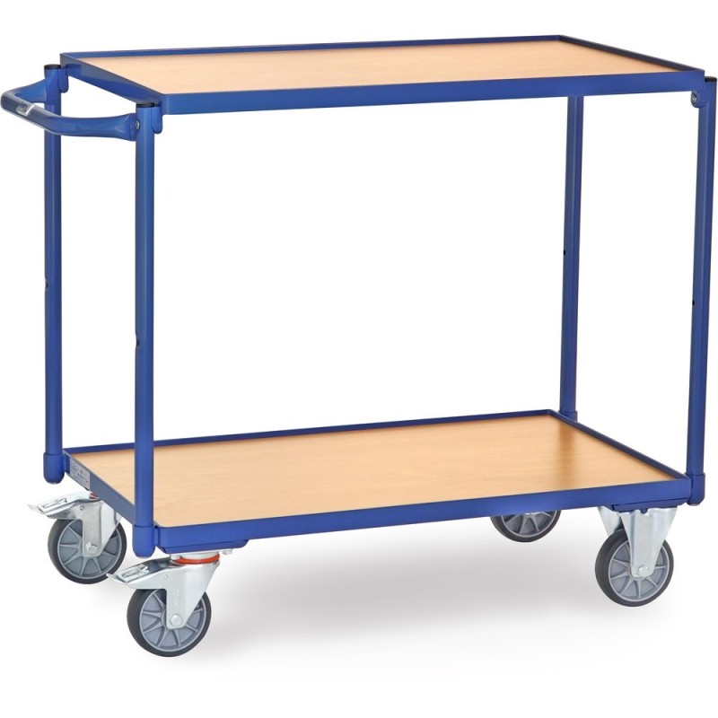 Servante 300 kg avec 2 plateaux en mélaminé et barre de poussée horizontale