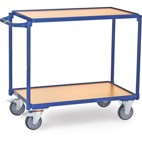 Servante 300 kg avec 2 plateaux en mélaminé et barre de poussée horizontale