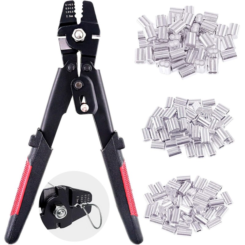 Pince de sertissage professionnel pour câble métallique jusqu'à 2,2 mm avec 150 manchons Pince de sertissage professionnel pour câble métallique jusqu'à 2,2 mm avec 150 manchons