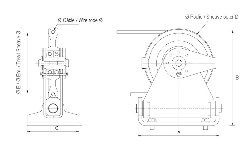 Poulies de renvoi articulées avec chapes en équerre pour câble 6 à 16 mm